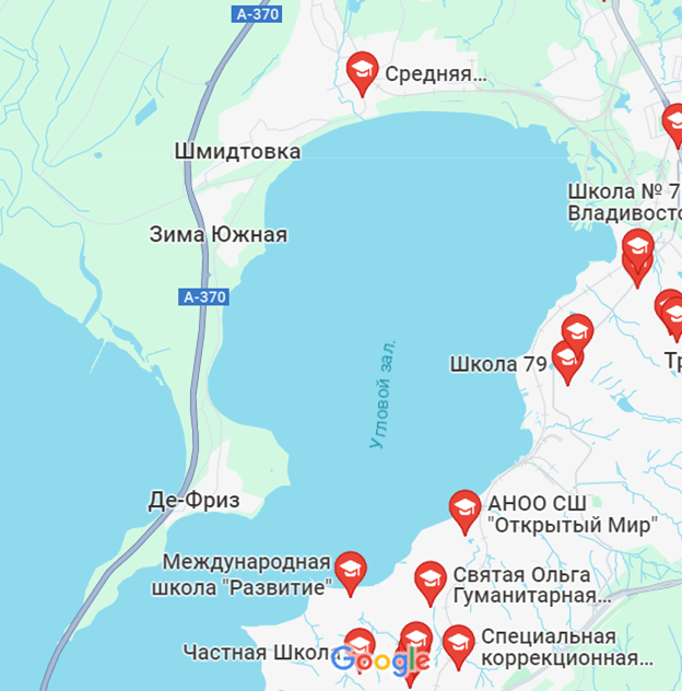 Карта школ в Угловом заливе — от Де-Фриза до Владивостока